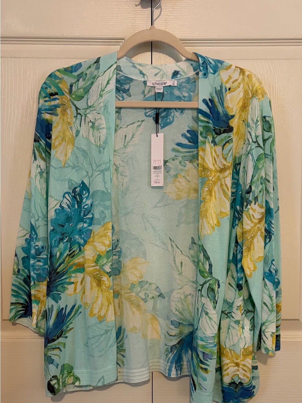 Chico's Size 3 Tropical Open-Front Spring/Summer Cardigan in Aqua, Teal & Yellow